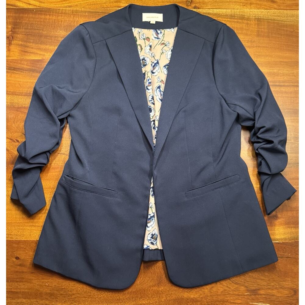 Skies Are Blue Women’s Navy Open Blazer Jacket Shirred Sleeves Casual Business M